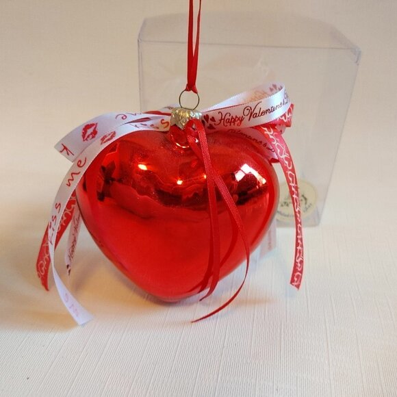 Oberfrankische Glas Red Heart Glass Ornament with Bow Made in Germany Box - Picture 2 of 4